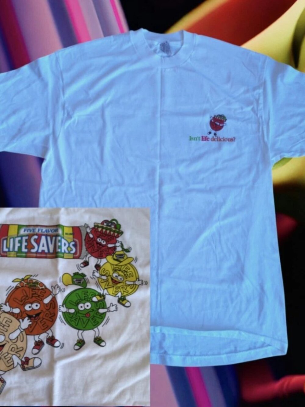 Life Savers Graphic Single Stitch White T-Shirt Isnt Life Delicious Mens XL VTG